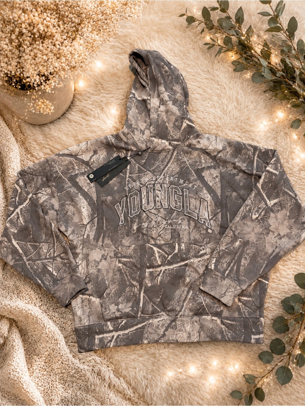 YoungLA Women’s Grey Camo Layover Hoodie Size Small Oversized NEW